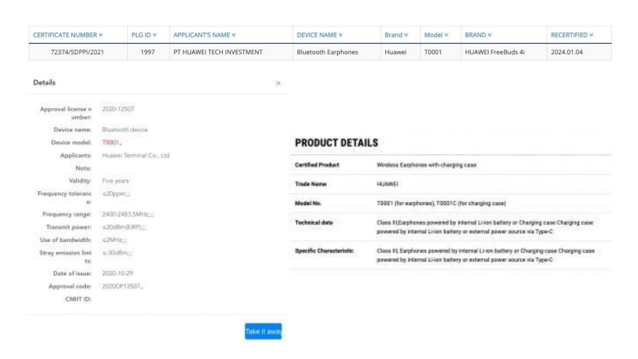 Huawei FreeBuds 4i certificate