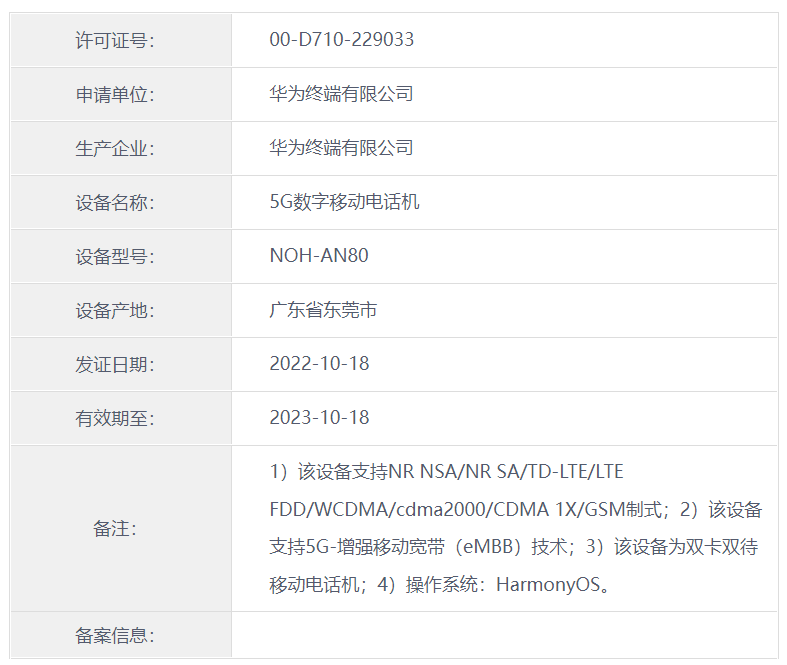 Huawei new 5G phone NOH-AN80 passes the network access license
